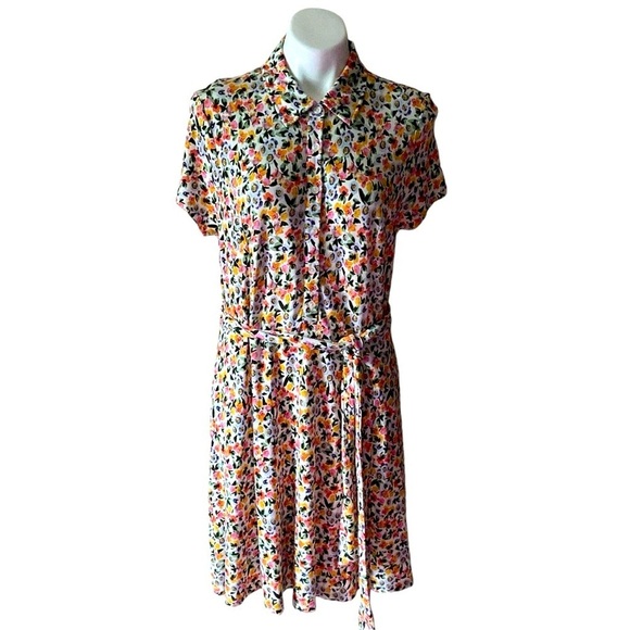 Isaac Mizrahi Pink Floral Belted Short Sleeve Shirt Dress Church Modest Size L - Picture 1 of 6